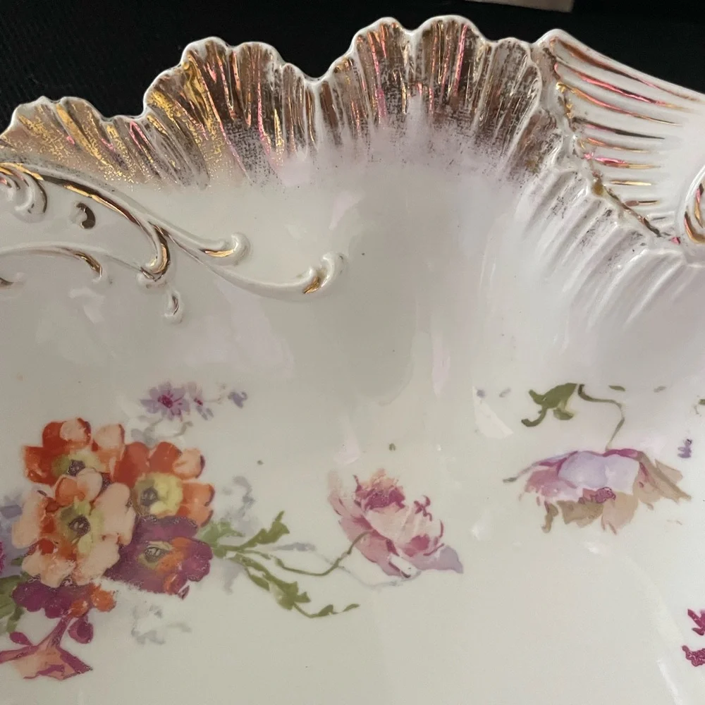 Antique German Porcelain China white/floral gold scalloped edge serving bowl